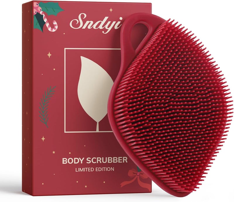 Sndyi Christmas Silicone Body Scrubber, Limited Edition Leaf-Shaped Shower Brush for Gentle Cleanse & Exfoliation, Soft Silicone Loofah Body Brush for Sensitive Skin, Perfect Holiday Gift, Festive Red - Image 1